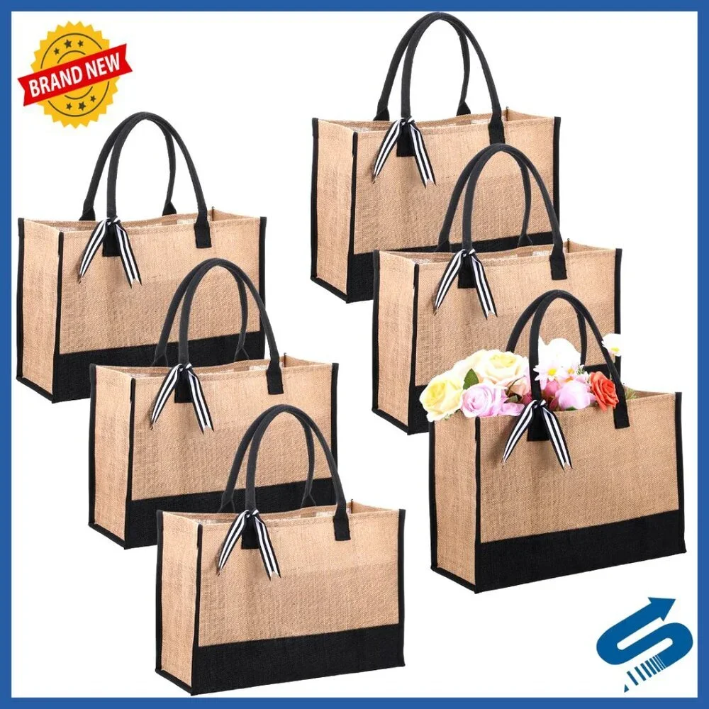 Large Jute Tote Bags Set Natural Canvas Reusable Grocery Beach Travel DIY